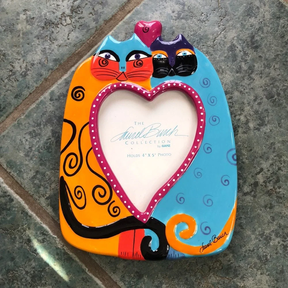 Laurel Burch Ceramic Colorful Cats Heart Picture Frame 8.5”X6